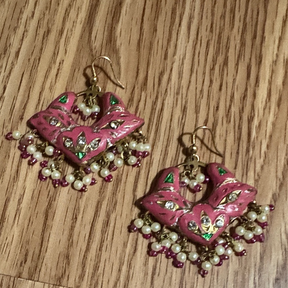 HANDMADE PINK INDIAN CHANDBALI LAC MEENAKARI DROP DANGLE HOOK 2" EARRINGS